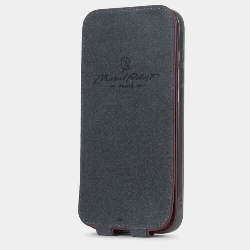 Bordeaux Calfskin Case iPhone 17 - interior view showing grey Alcantara lining with magnetic closure, designed to clean and protect the screen