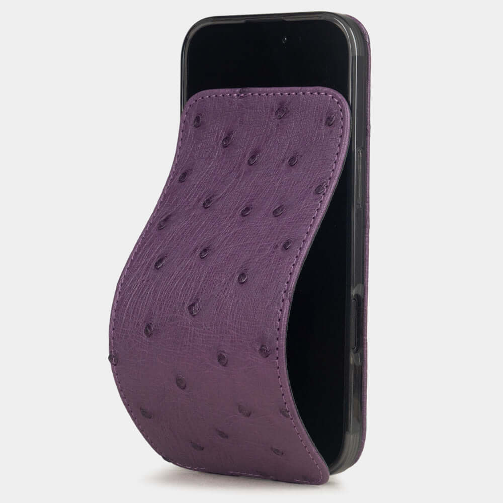 Purple Ostrich Case iPhone 17 Air – luxury handmade phone case in genuine ostrich leather with magnetic front cover partially open, main photo