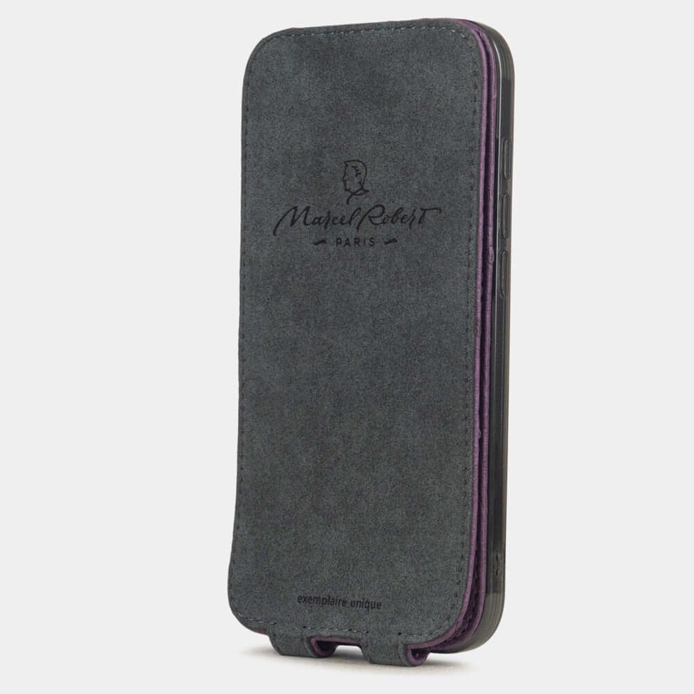 Purple Ostrich Case iPhone 17 Air - interior view showing grey Alcantara lining with magnetic closure, designed to clean and protect the screen
