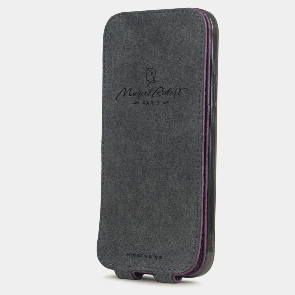 Purple Ostrich Case iPhone 17 Air - interior view showing grey Alcantara lining with magnetic closure, designed to clean and protect the screen