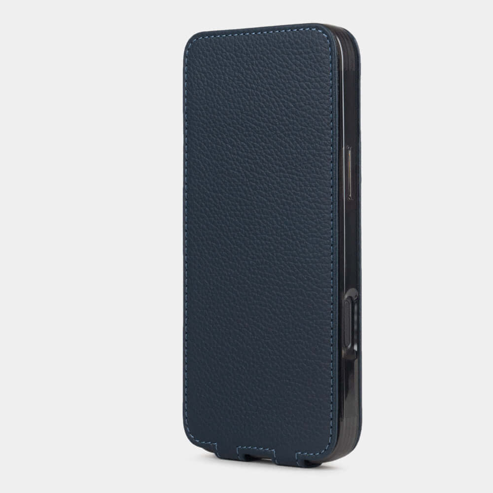 Marcel Robert iPhone 17 pro case in blue calfskin leather, closed upright view with magnetic front cover protecting the screen