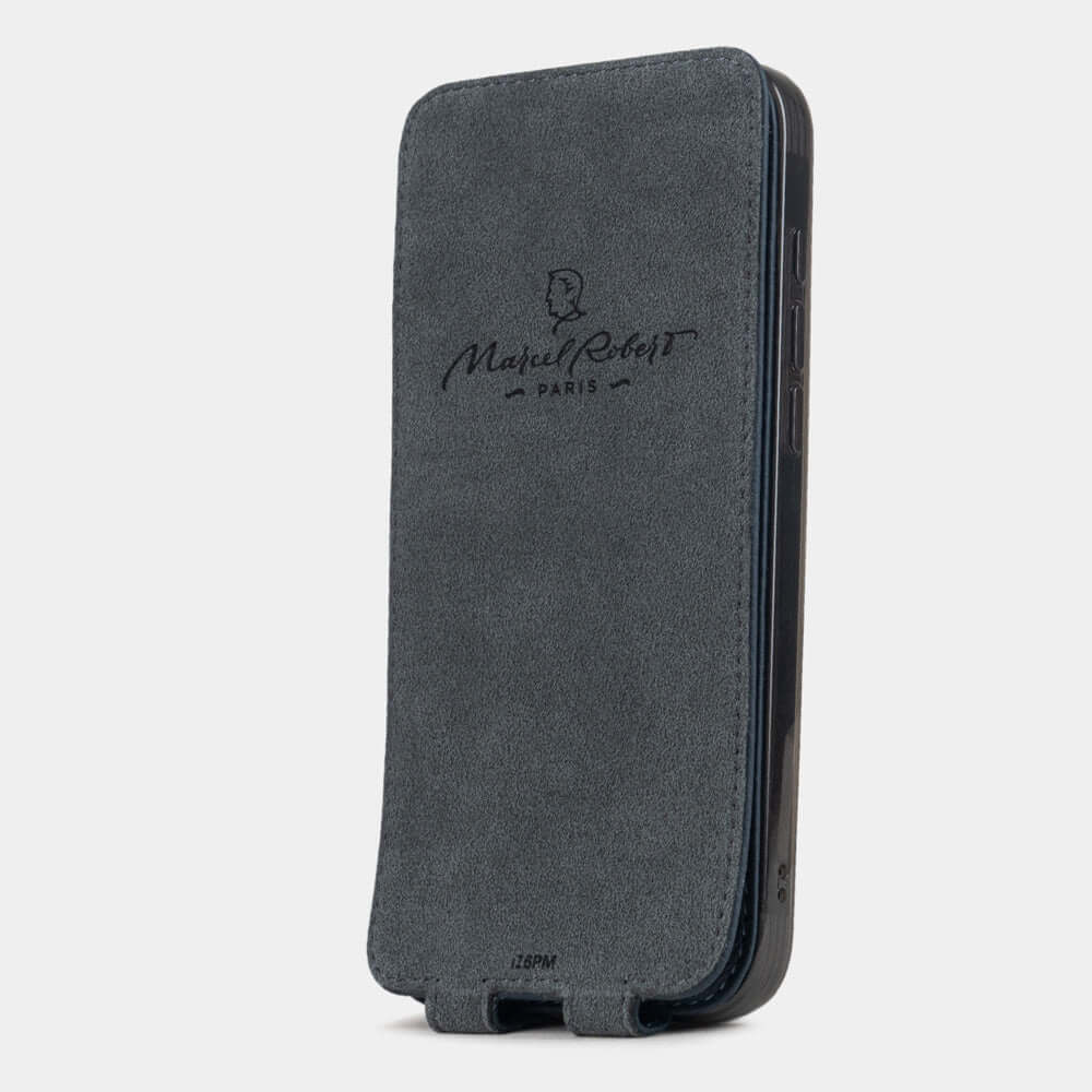 Interior view of Marcel Robert iPhone 17 pro flip case in blue calfskin leather, grey Alcantara lining with magnetic closure