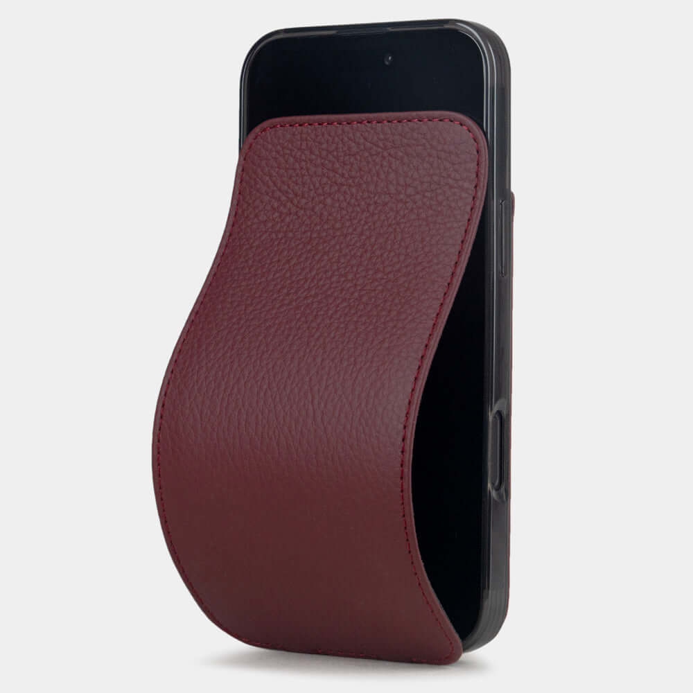 Marcel Robert iPhone 17 Pro case in bordeaux calfskin leather, main product photo with magnetic front cover partially open