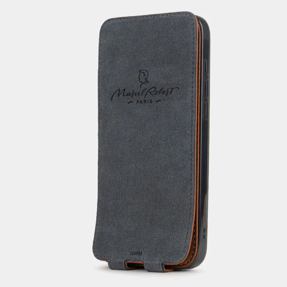 gold Calfskin Case iPhone 17 Pro - interior view showing grey Alcantara lining with magnetic closure, designed to clean and protect the screen