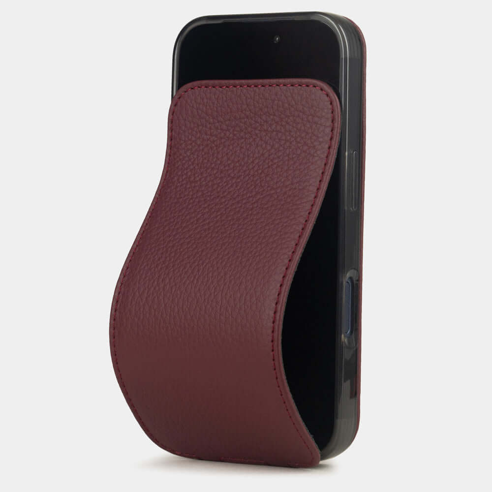 Bordeaux Calfskin Case iPhone 17 Pro – luxury handmade phone case in genuine leather with magnetic front cover partially open, main photo