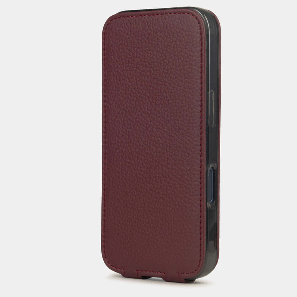 Bordeaux Calfskin Case iPhone 17 Pro – upright closed view highlighting the magnetic front cover fully protecting the screen, elegant silhouette
