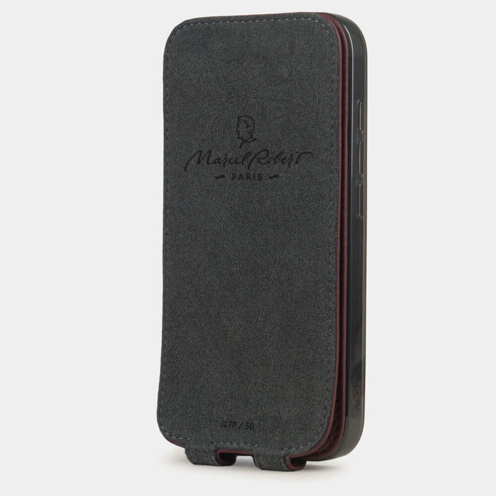 Bordeaux Calfskin Case iPhone 17 Pro Max - interior view showing grey Alcantara lining with magnetic closure, designed to clean and protect the screen