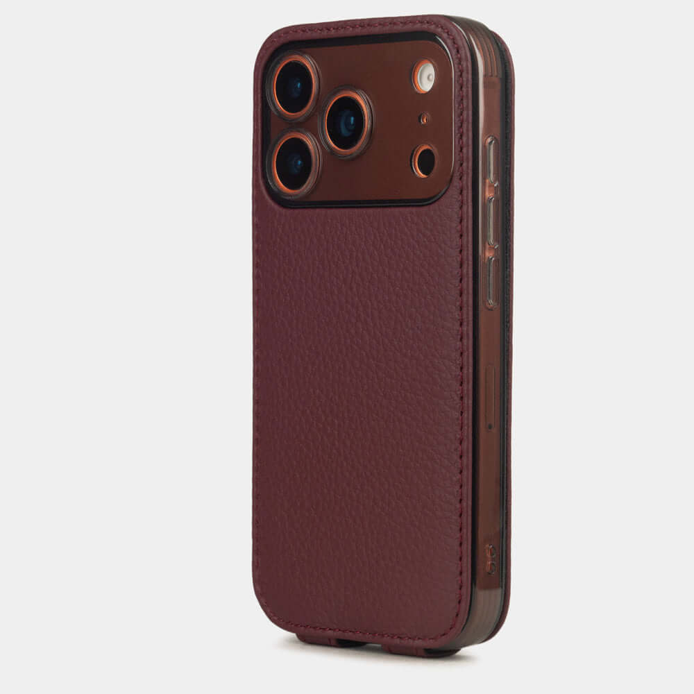 Bordeaux Calfskin Case iPhone 17 Pro Max orange - view from camera side and how the lenses are efficiently protected