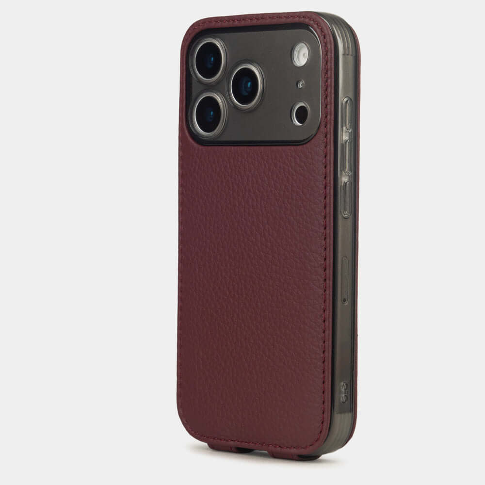 Bordeaux Calfskin Case iPhone 17 Pro Max silver - view from camera side and how the lenses are efficiently protected
