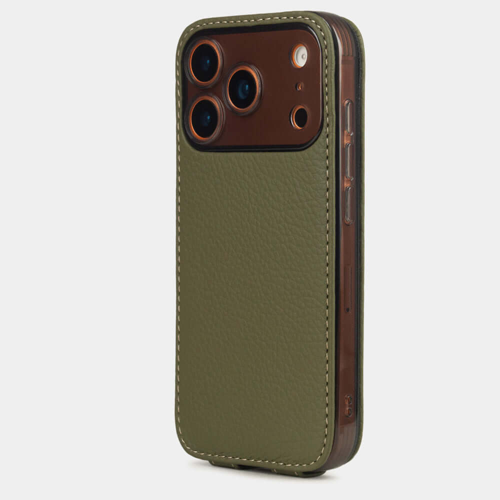 Green Calfskin Case iPhone 17 Pro Max orange - view from camera side and how the lenses are efficiently protected