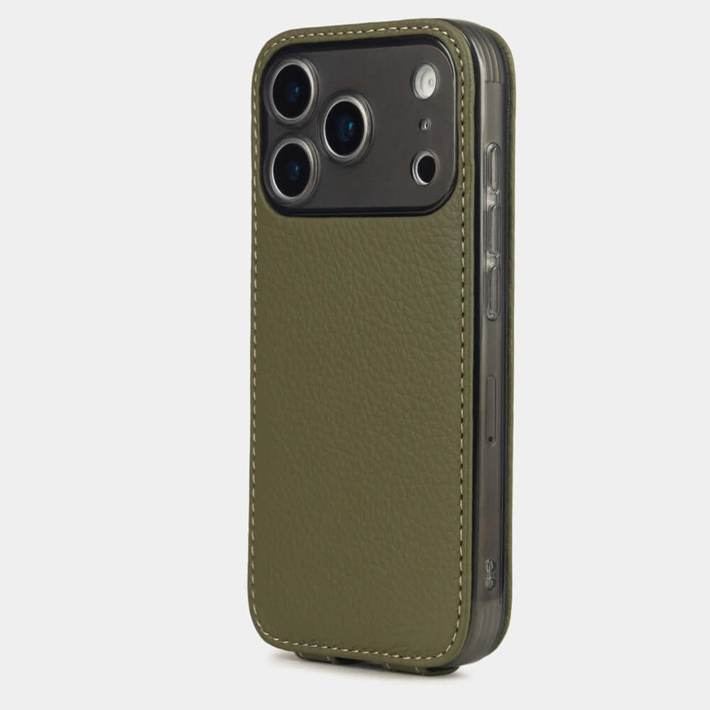Green Calfskin Case iPhone 17 Pro Max silver - view from camera side and how the lenses are efficiently protected