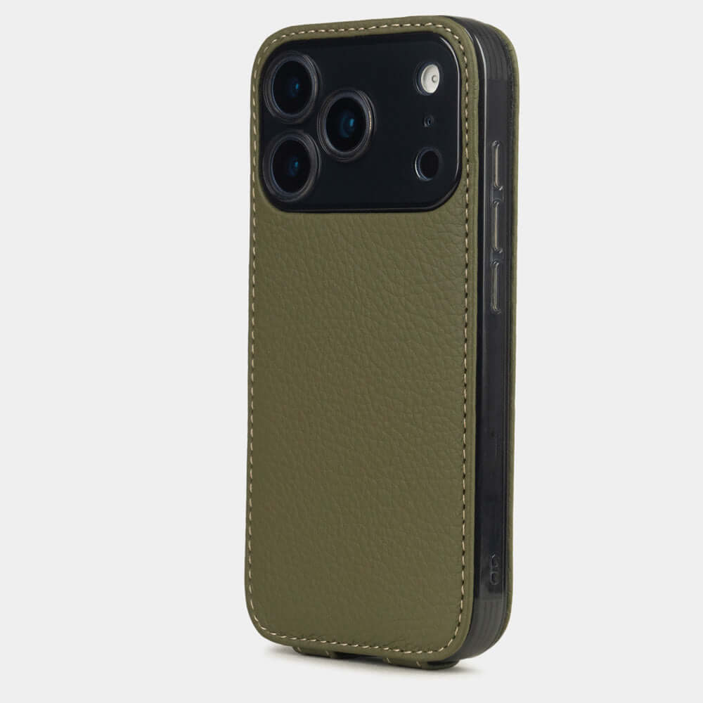 Green Calfskin Case iPhone 17 Pro Max blue - view from camera side and how the lenses are efficiently protected