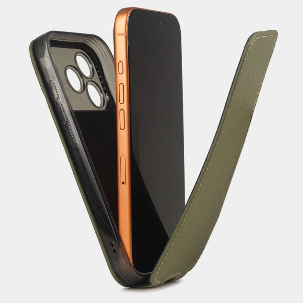 Green Calfskin Case iPhone 17 Pro Max - flip phone case shown open on smartphone, natural scale texture with folding front cover