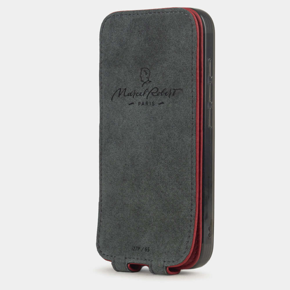 Red Calfskin Case iPhone 17 Pro Max - interior view showing grey Alcantara lining with magnetic closure, designed to clean and protect the screen