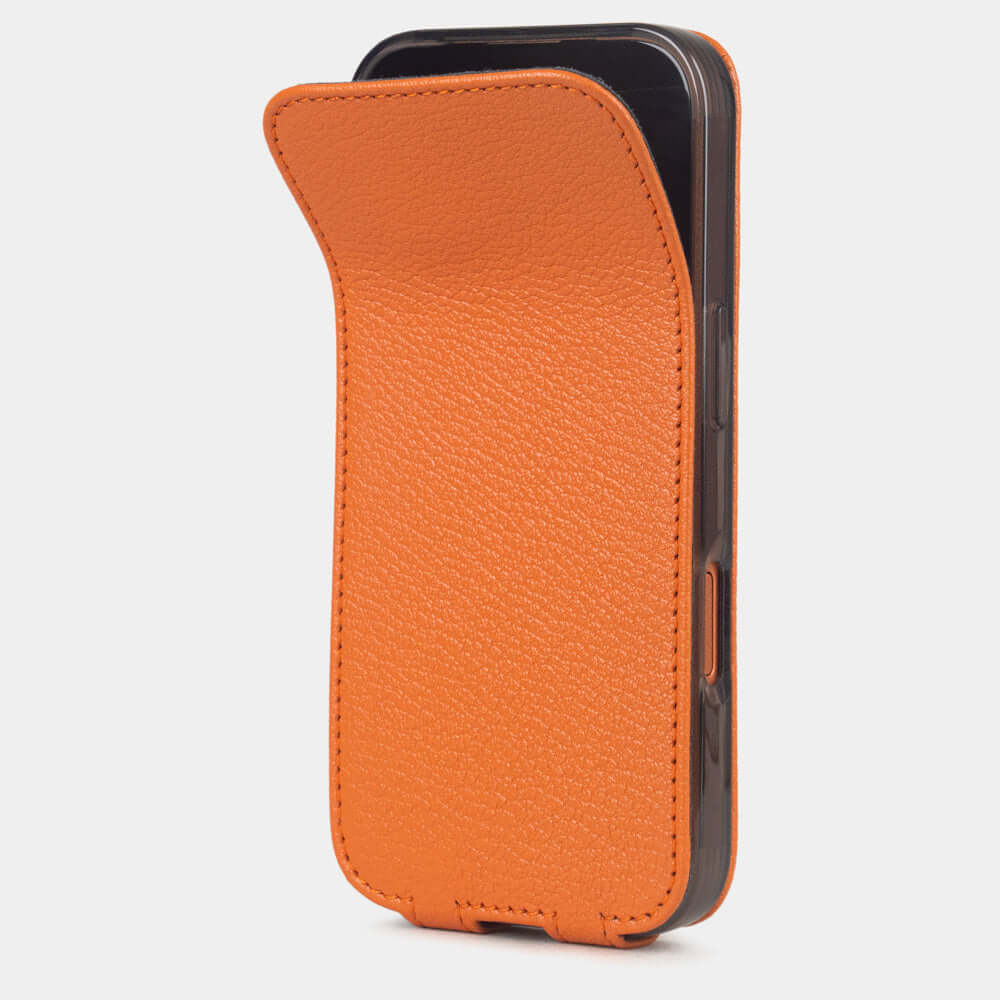 Orange Goat Case iPhone 17 Pro Max – phone flip case with flexible front cover folding back to protect the smartphone screen