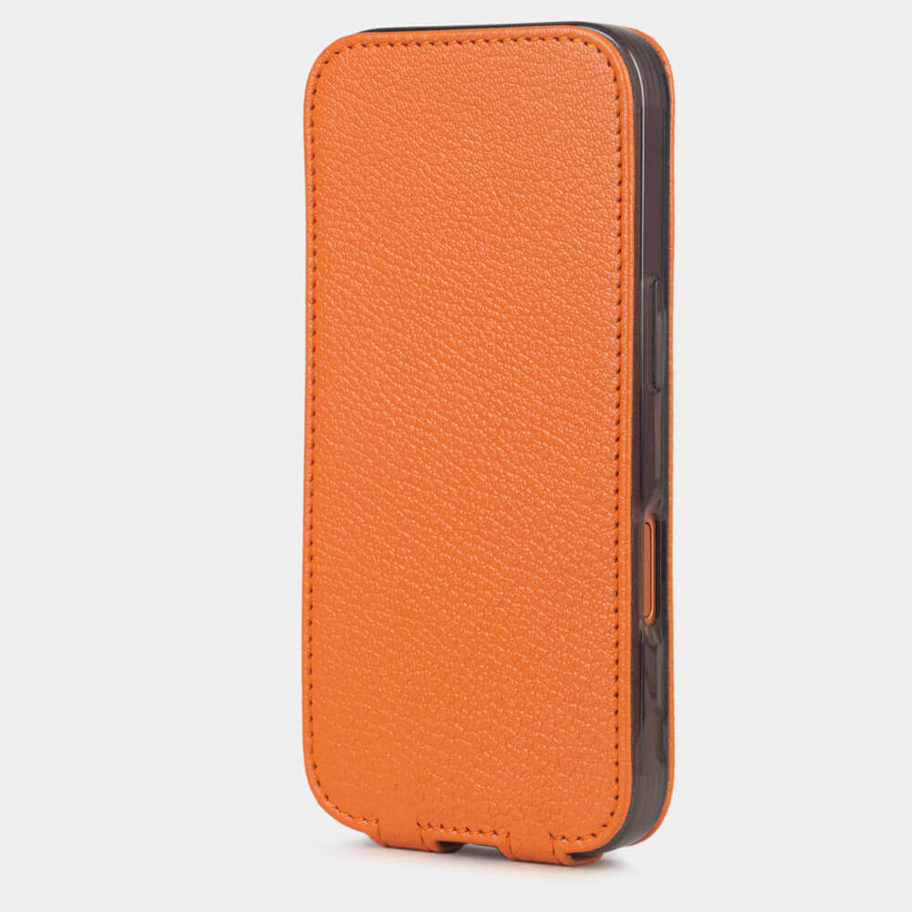 Orange Goat Case iPhone 17 Pro Max – upright closed view highlighting the magnetic front cover fully protecting the screen, elegant silhouette