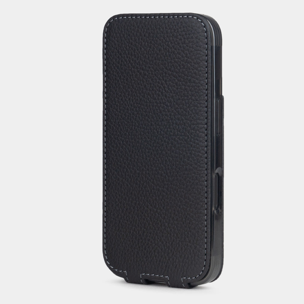 Marcel Robert iPhone 17 pro max case in black calfskin leather, closed upright view with magnetic front cover protecting the screen