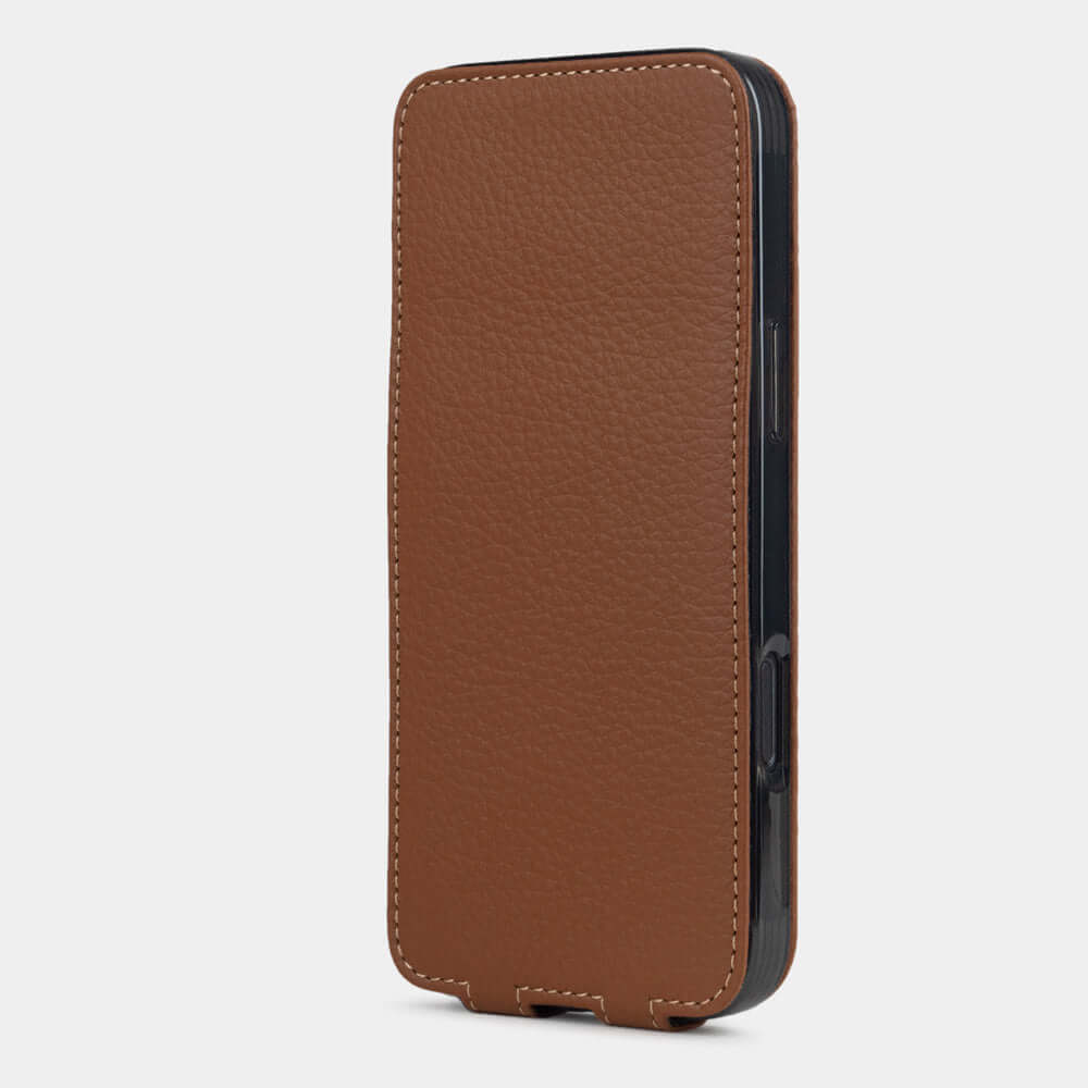 Marcel Robert iPhone 17 pro max case in gold calfskin leather, closed upright view with magnetic front cover protecting the screen