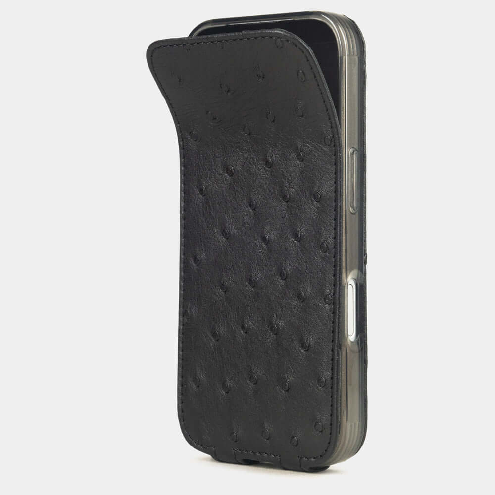 Black Ostrich Case iPhone 17 Pro Max – phone flip case with textured quill pattern, flexible front cover folding back to protect the smartphone screen