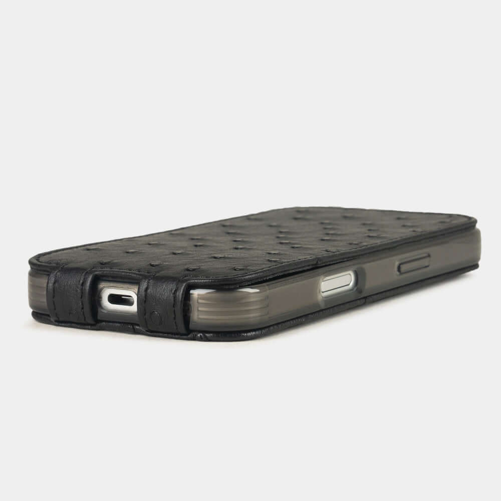 Black Ostrich Case iPhone 17 Pro Max - flat side view displaying ultra-thin handcrafted design, USB-C port opening and precise edge finishing