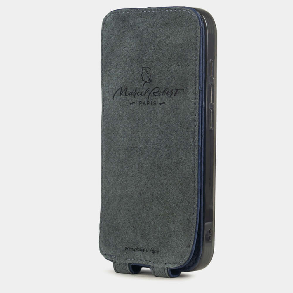 iPhone 17 Pro Max Ostrich Blue Leather Case side view with logo in grey and blue design.