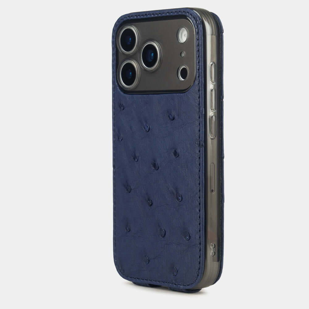 iPhone 17 Pro Max Ostrich Blue Leather Case shown from the side, highlighting its luxurious design and texture.