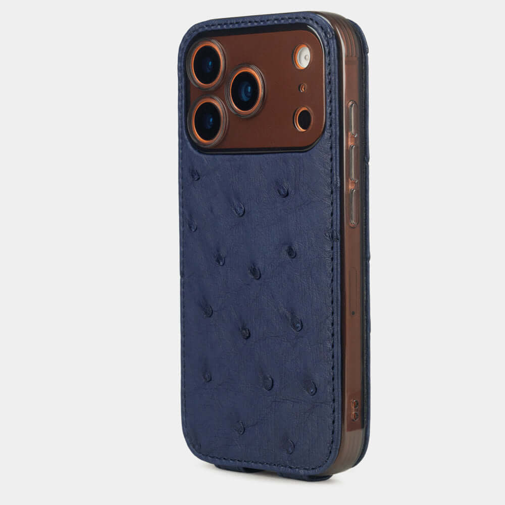 iPhone 17 Pro Max Ostrich Blue Leather Case showcased from the back, highlighting its unique design and texture.