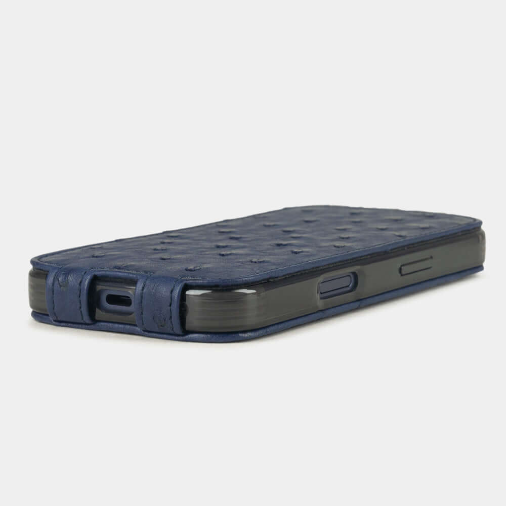 iPhone 17 Pro Max Ostrich Blue Leather Case shown from a side angle with texture detail.