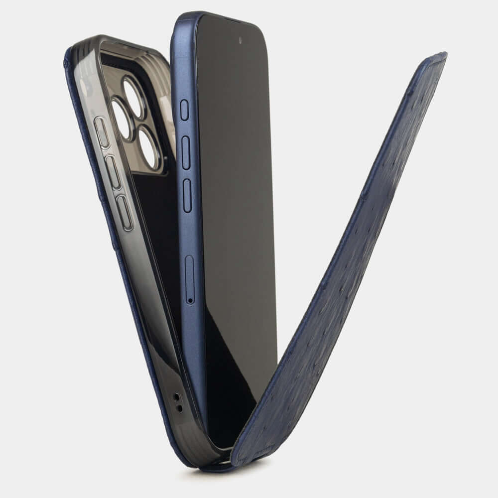 iPhone 17 Pro Max Ostrich Blue Leather Case shown with phone partially inserted.