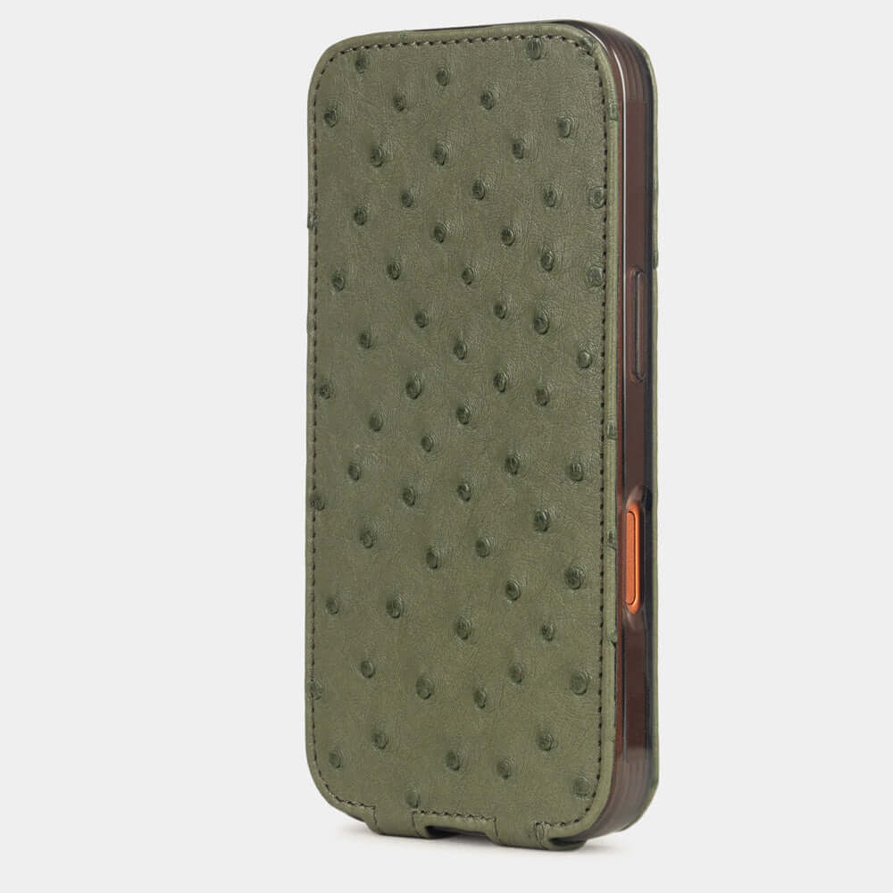 Green Ostrich Case iPhone 17 Pro Max – upright closed view highlighting the magnetic front cover fully protecting the screen, elegant silhouette