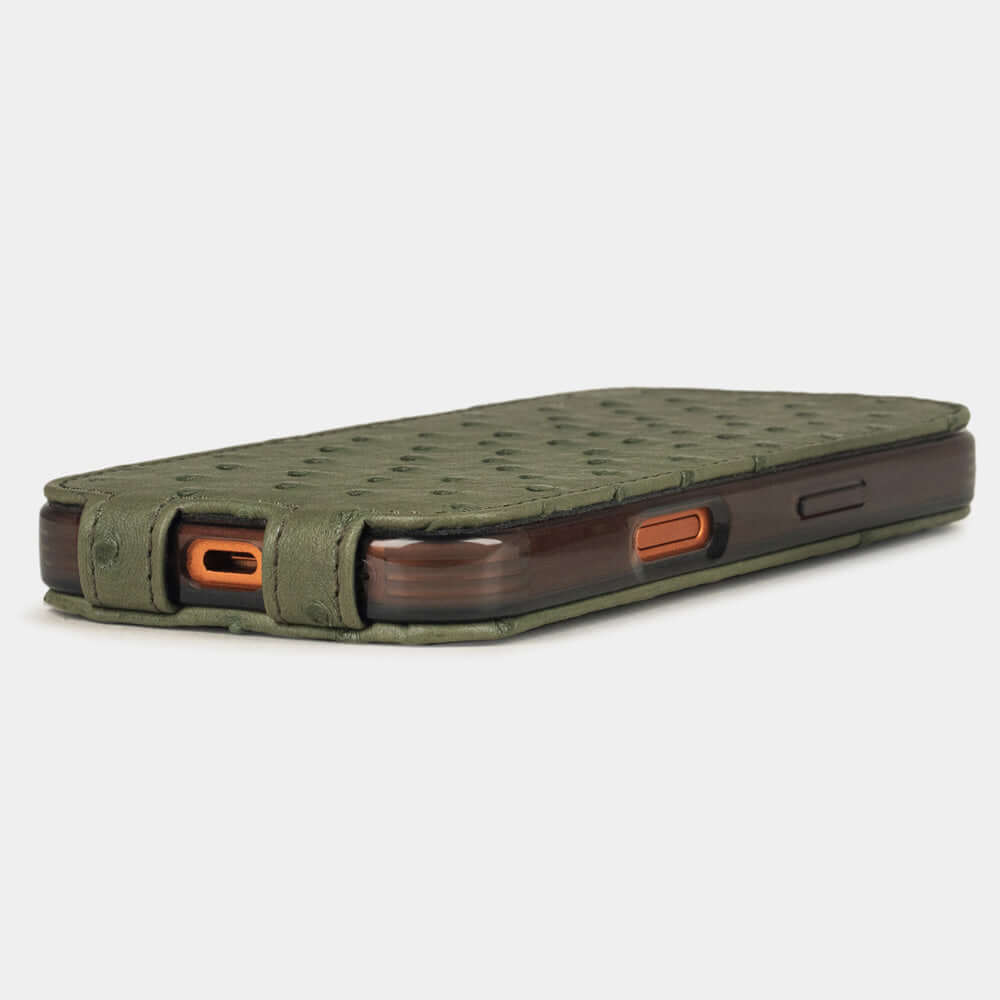 Green Ostrich Case iPhone 17 Pro Max - flat side view displaying ultra-thin handcrafted design, USB-C port opening and precise edge finishing