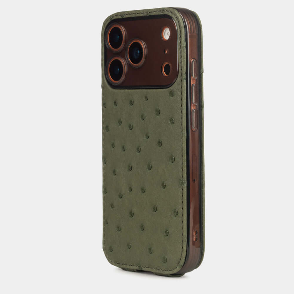 Green Ostrich Case iPhone 17 Pro Max orange - view from camera side and how the lenses are efficiently protected