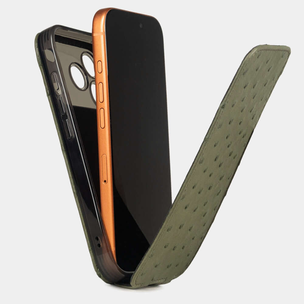 Gold Ostrich Case iPhone 17 Pro Max - flip phone case shown open on smartphone, natural scale texture with folding front cover