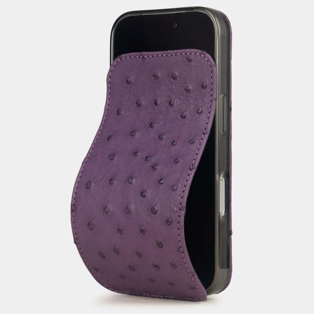 Purple Ostrich Case iPhone 17 Pro Max – luxury handmade phone case in genuine ostrich leather with magnetic front cover partially open, main photo