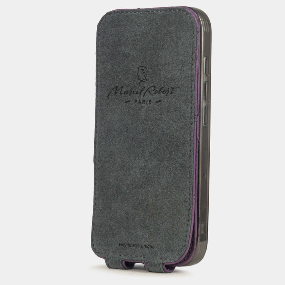 Purple Ostrich Case iPhone 17 Pro Max- interior view showing grey Alcantara lining with magnetic closure, designed to clean and protect the screen