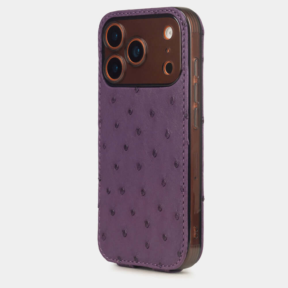 Purple Ostrich Case iPhone 17 Pro Max orange - view from camera side and how the lenses are efficiently protected