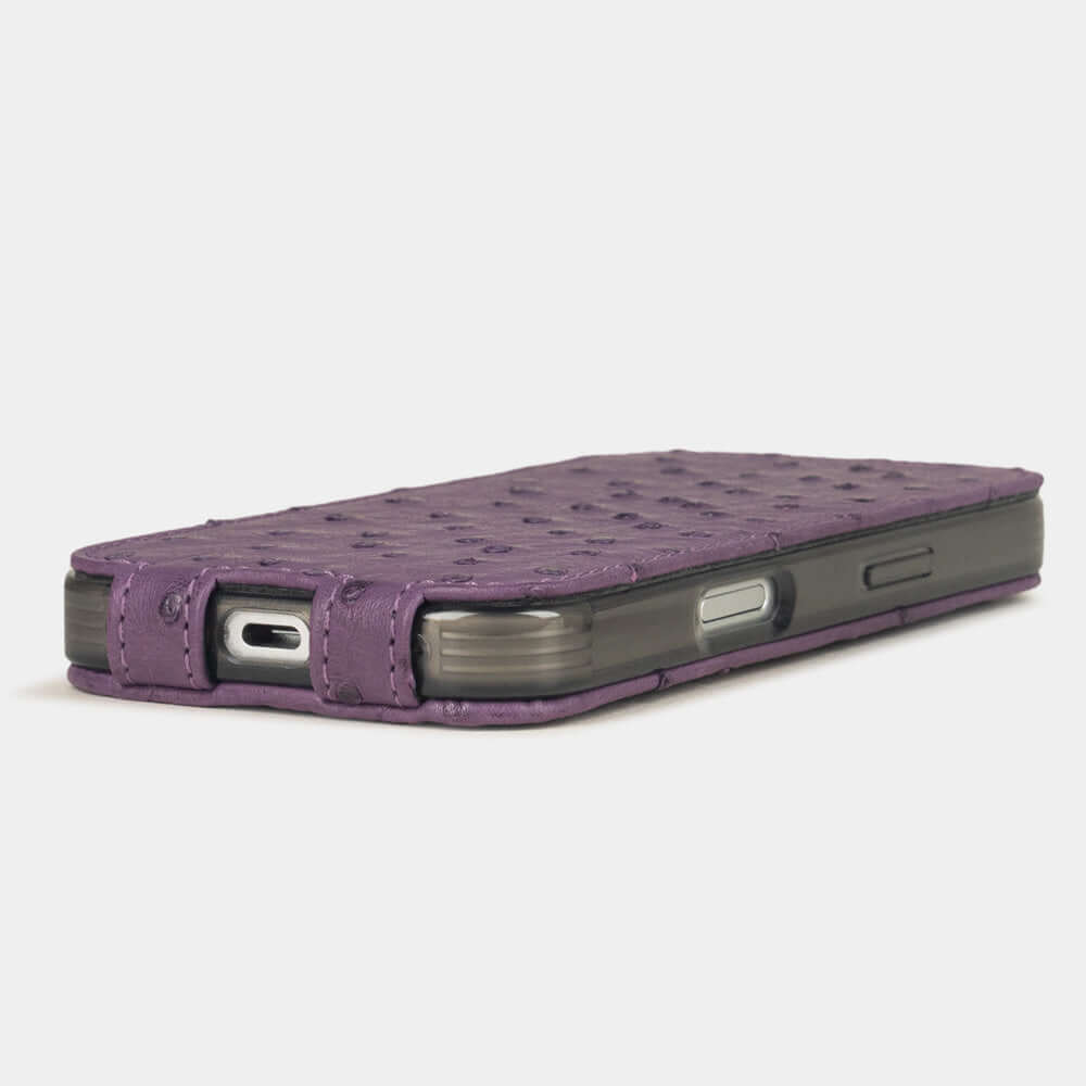 Purple Ostrich Case iPhone 17 Pro Max - flat side view displaying ultra-thin handcrafted design, USB-C port opening and precise edge finishing