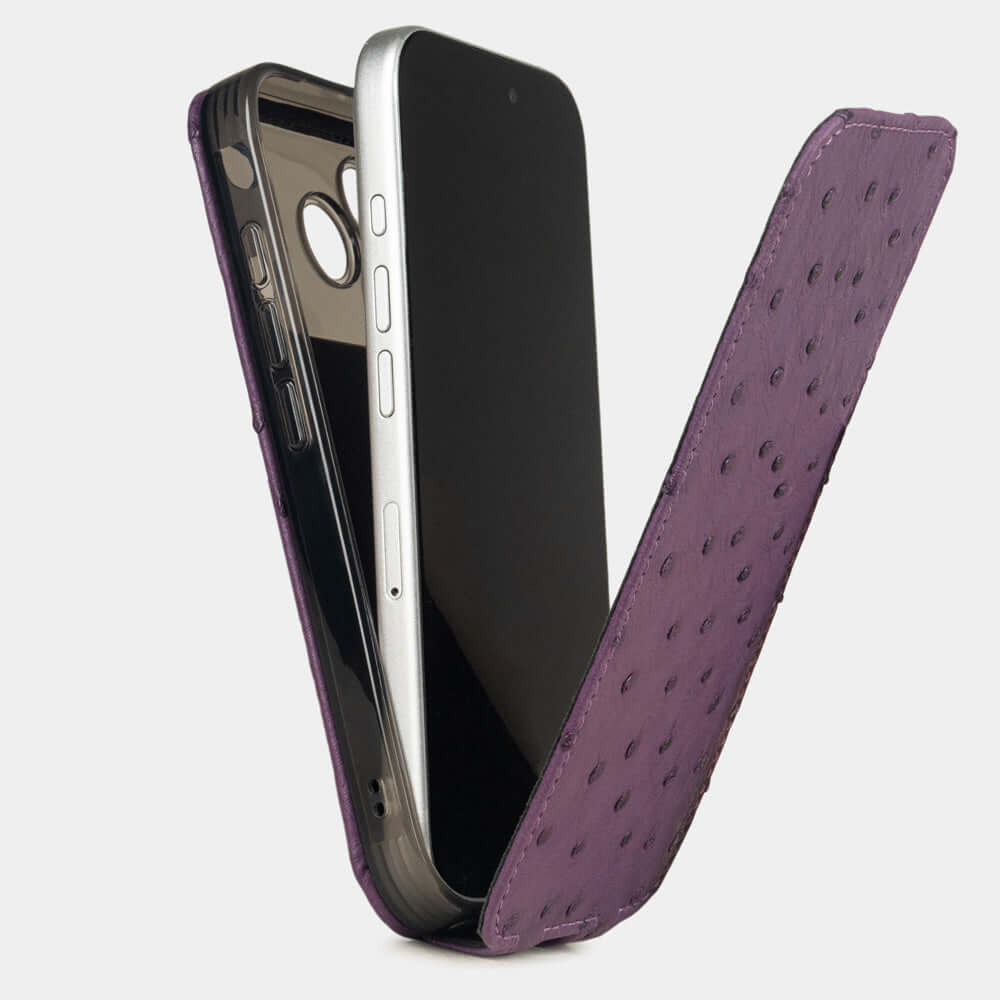 Purple Ostrich Case iPhone 17 Pro Max - flip phone case shown open on smartphone, natural scale texture with folding front cover