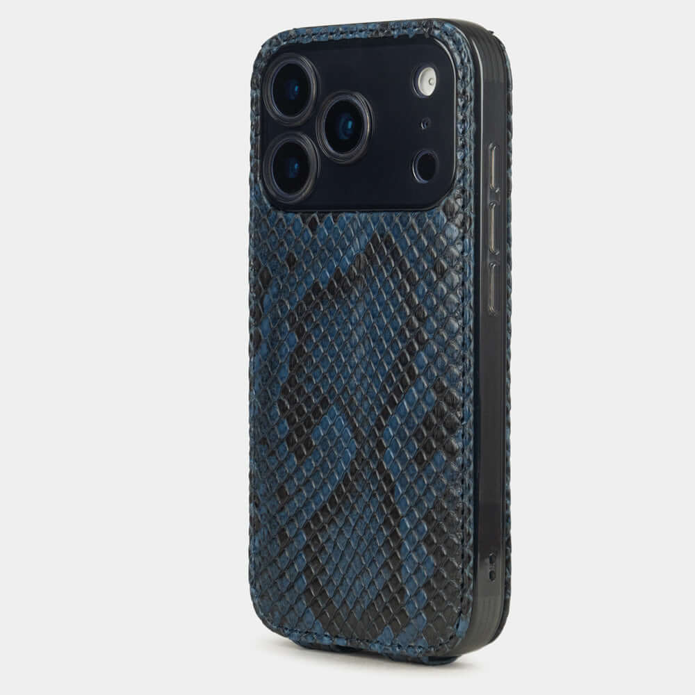 iPhone 17 Pro Max Python Blue Leather Case shown from the side against a white background.