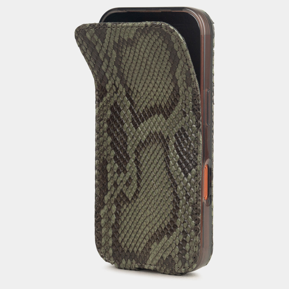 Green Python Case iPhone 17 Pro Max – phone flip case with textured natural scale pattern, flexible front cover folding back to protect the smartphone screen