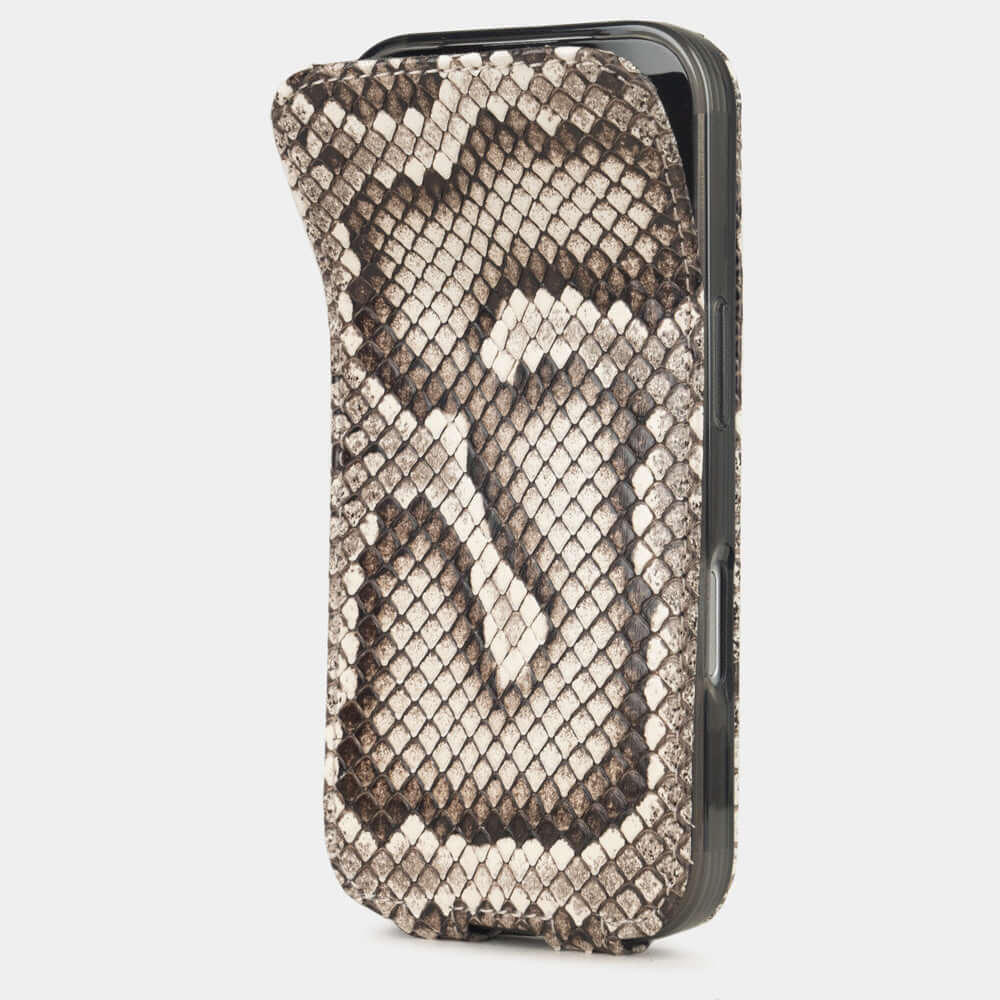Natural Python Case iPhone 17 Pro Max – phone flip case with textured natural scale pattern, flexible front cover folding back to protect the smartphone screen