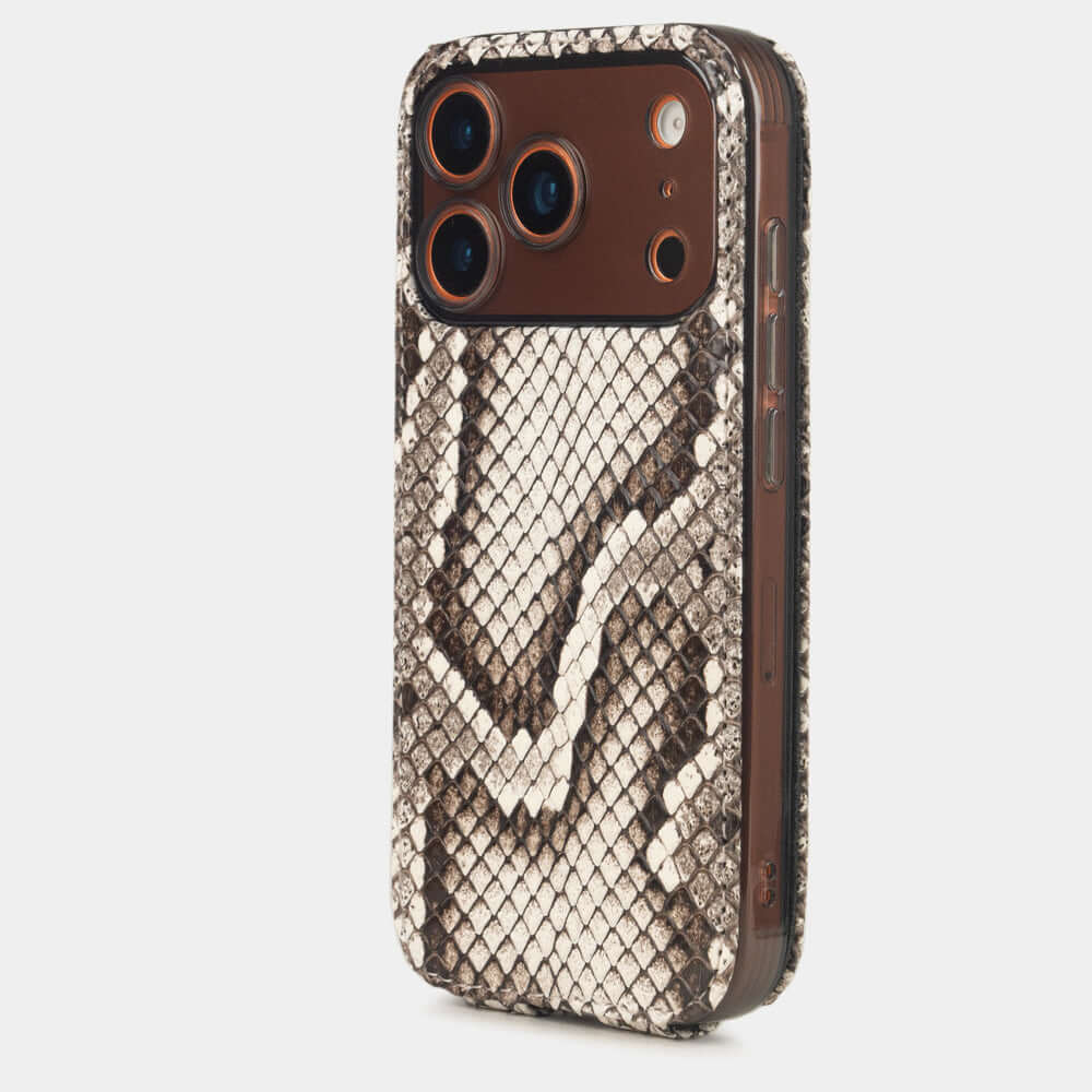 Natural Python Case iPhone 17 Pro Max orange - view from camera side and how the lenses are efficiently protected