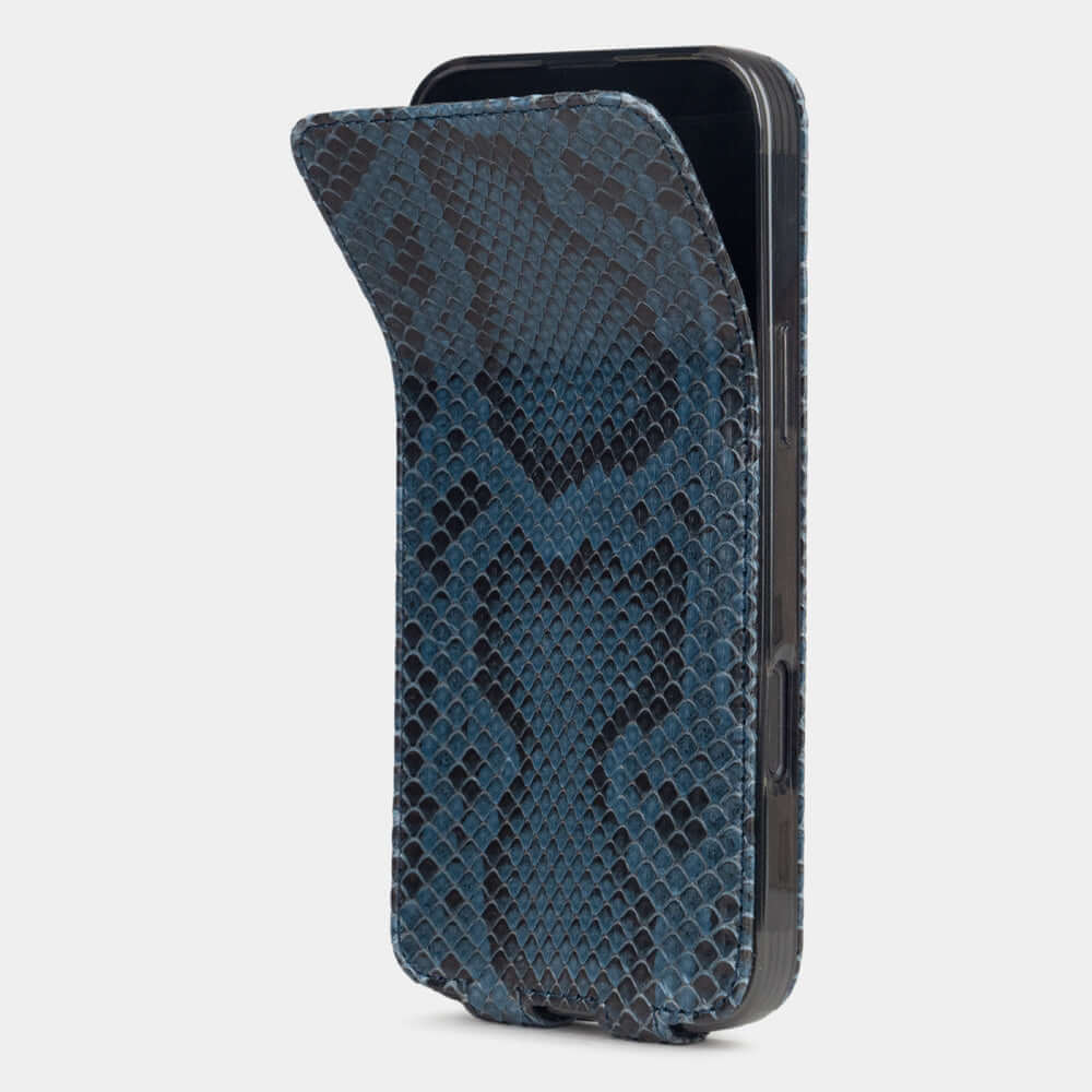 Marcel Robert iPhone 17 pro max blue python leather flip case, flexible front cover with integrated magnets to securely close on the screen