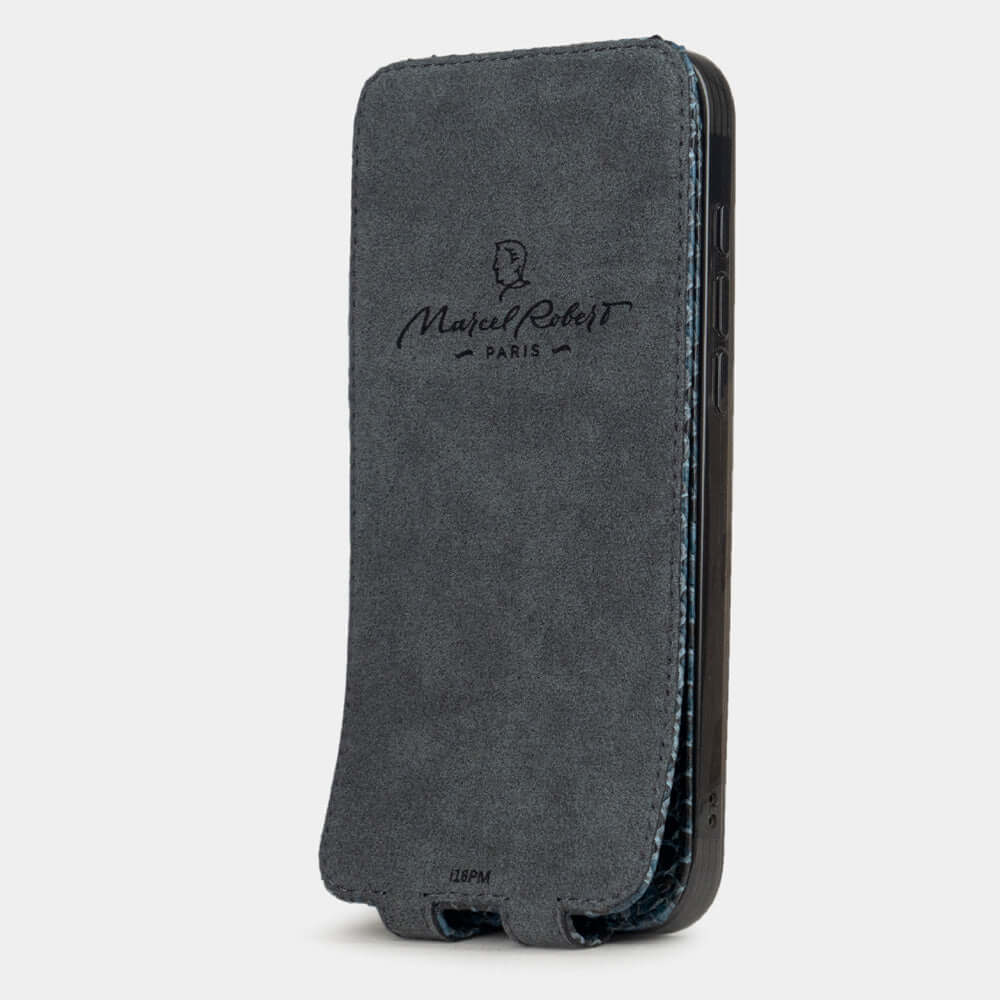 Interior view of Marcel Robert iPhone 17 flip case in blue python leather, grey Alcantara lining with magnetic closure