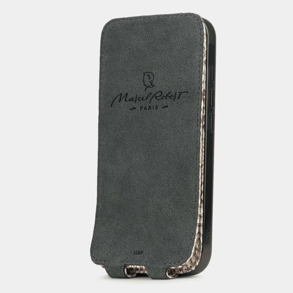 Natural Python Case iPhone 17 - interior view showing grey Alcantara lining with magnetic closure, designed to clean and protect the screen
