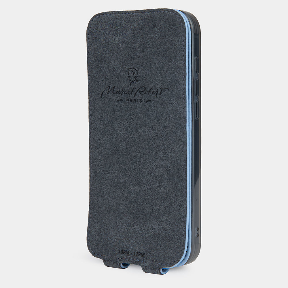 iPhone 18 Pro / Pro Max flip case in blue jeans Sully goat leather – inside of the flap, grey Alcantara lining with Marcel Robert logo