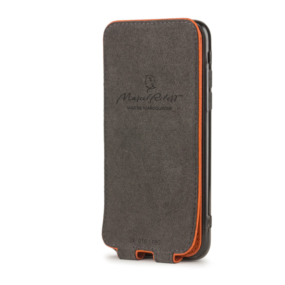 orange leather case for iPhone X - interior view showing the Alcantara lining used to clean the phone screen