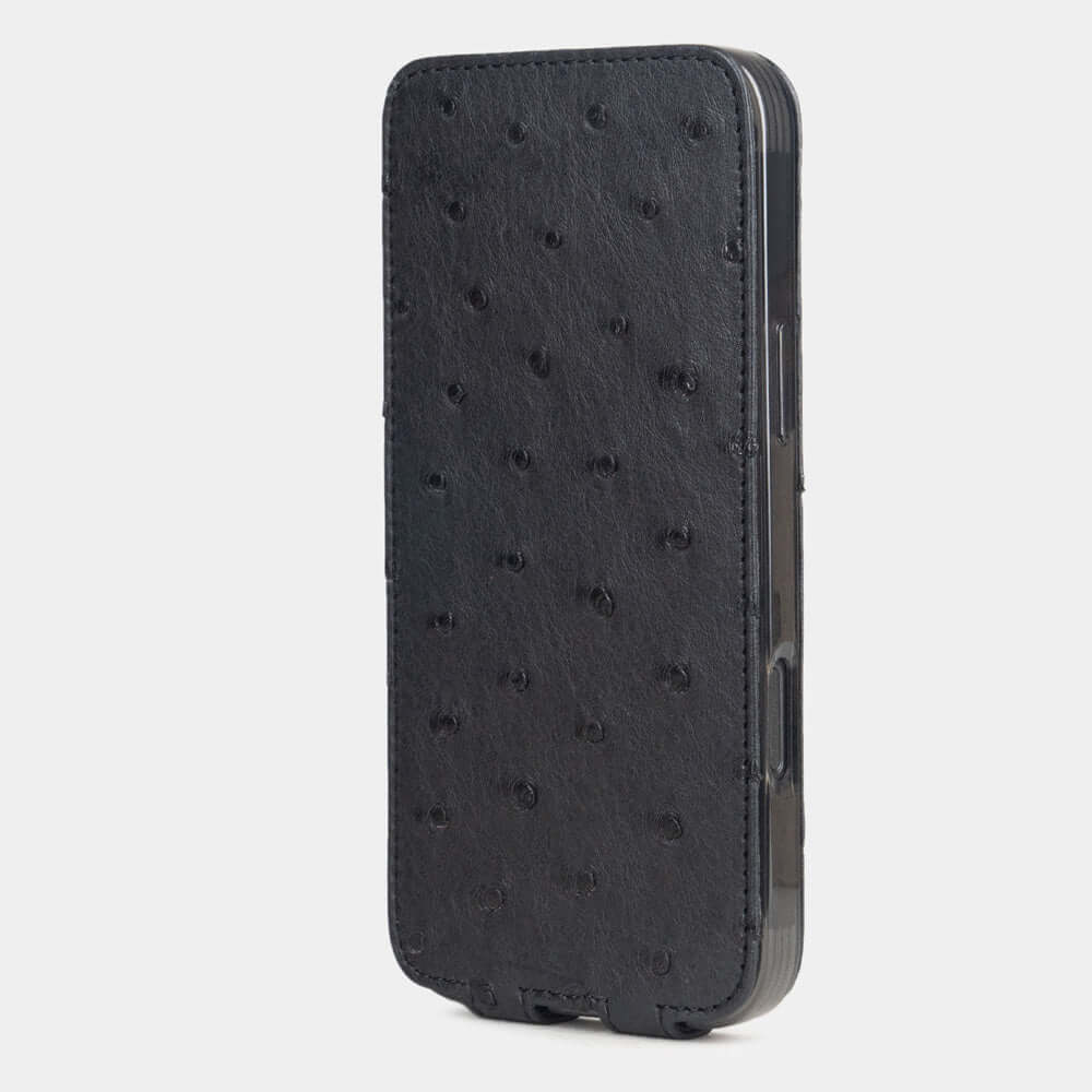 Black Ostrich Case iPhone 17 – upright closed view highlighting the magnetic front cover fully protecting the screen, elegant silhouette