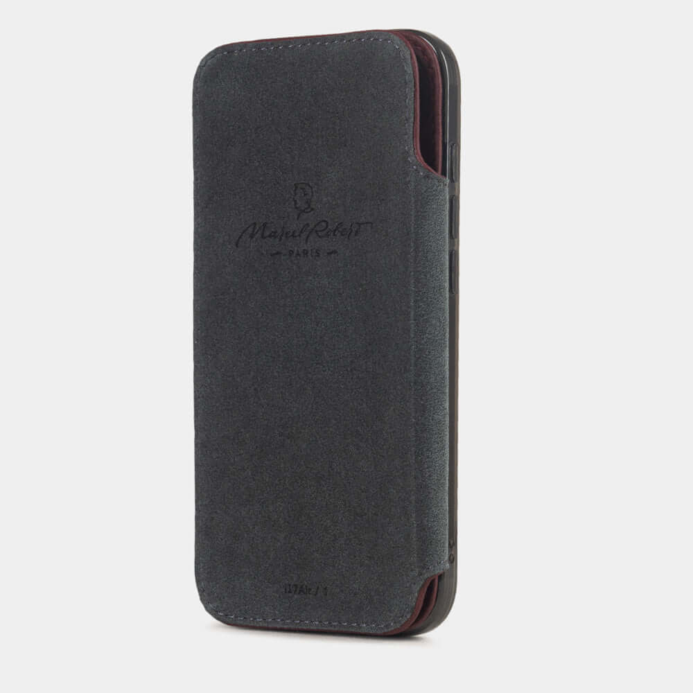 Bordeaux Calfskin Wallet Case iPhone 17 Air - interior view showing grey Alcantara lining with magnetic closure, designed to the screen