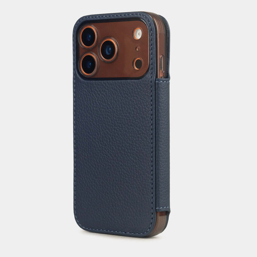 blue Calfskin Wallet Case iPhone 17 Pro Max orange- view from camera side and how the lenses are efficiently protected
